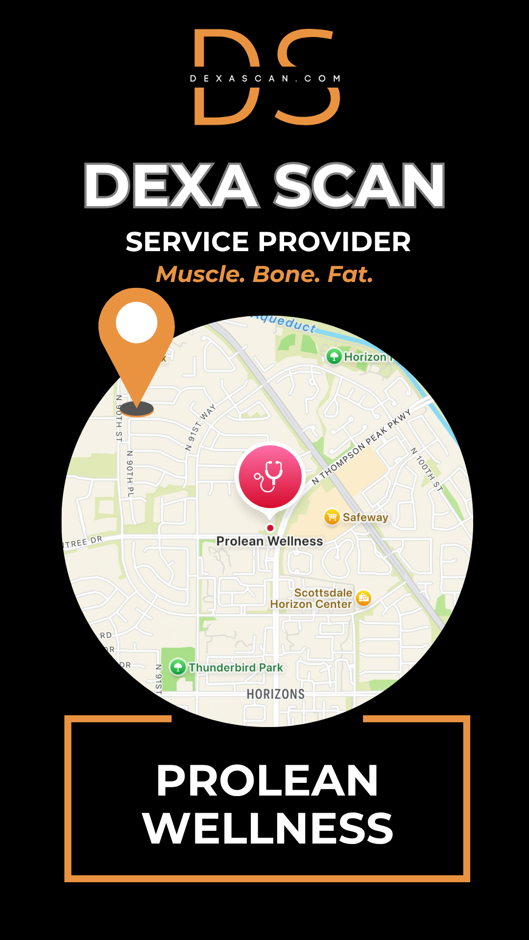 Dexa Scan service provider logo with map and Prolean Wellness branding on a black background