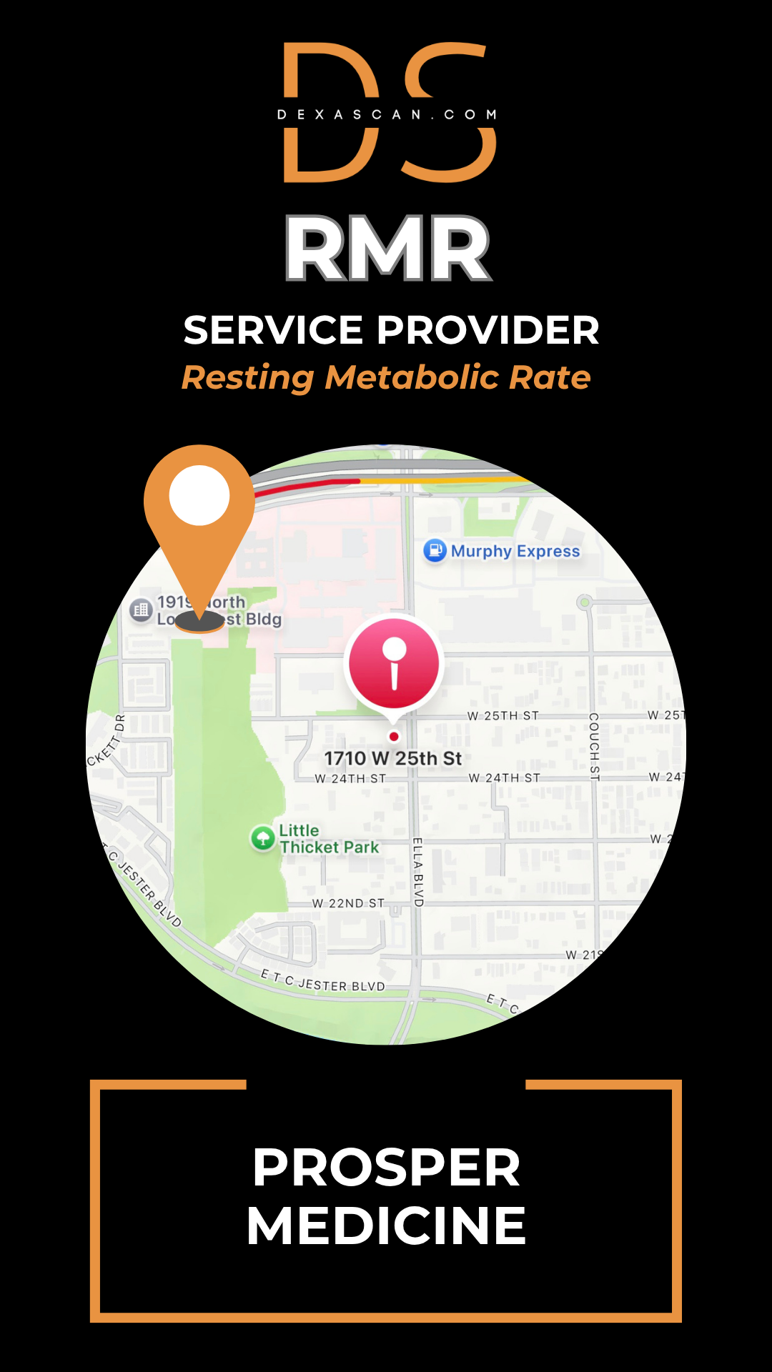 Map with location markers on a black background featuring 'DS' and 'RMR' branding.