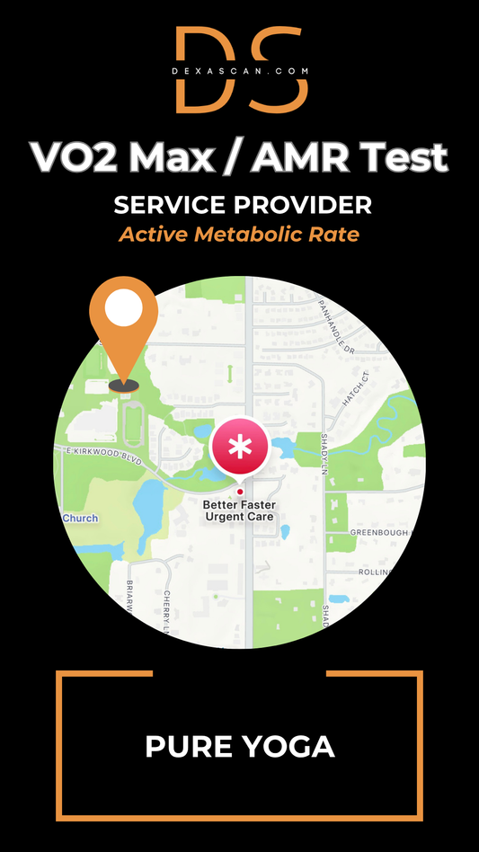 dexascan.com VO2 Max Active Metabolic Rate service provider Pure Yoga with location map and pin