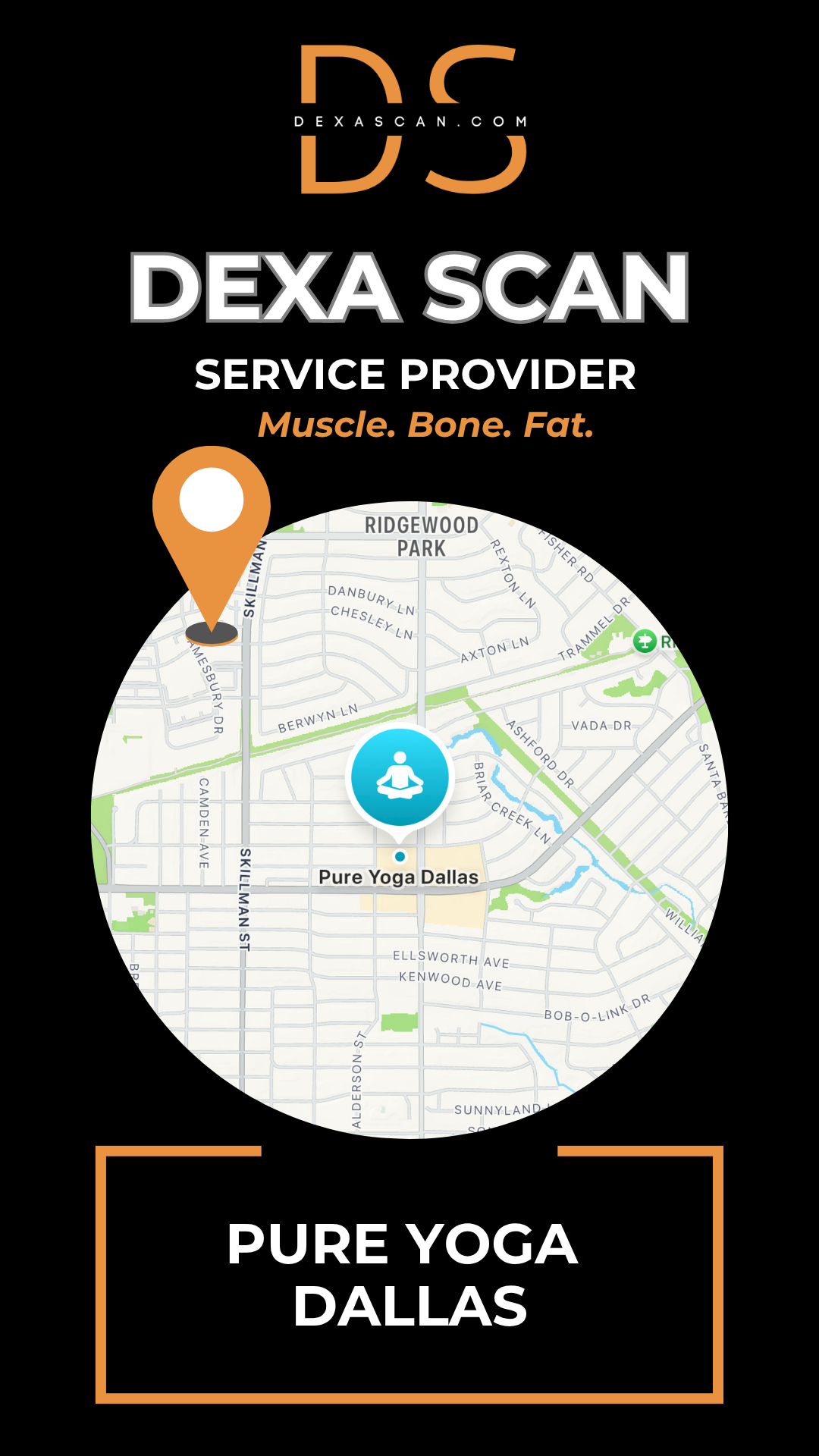 Dexa Scan service provider advertisement with map and location pin on a black background