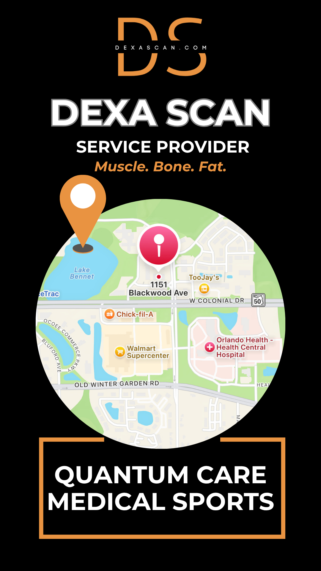 Map with location pin and text about DEXA Scan service provider on a black background