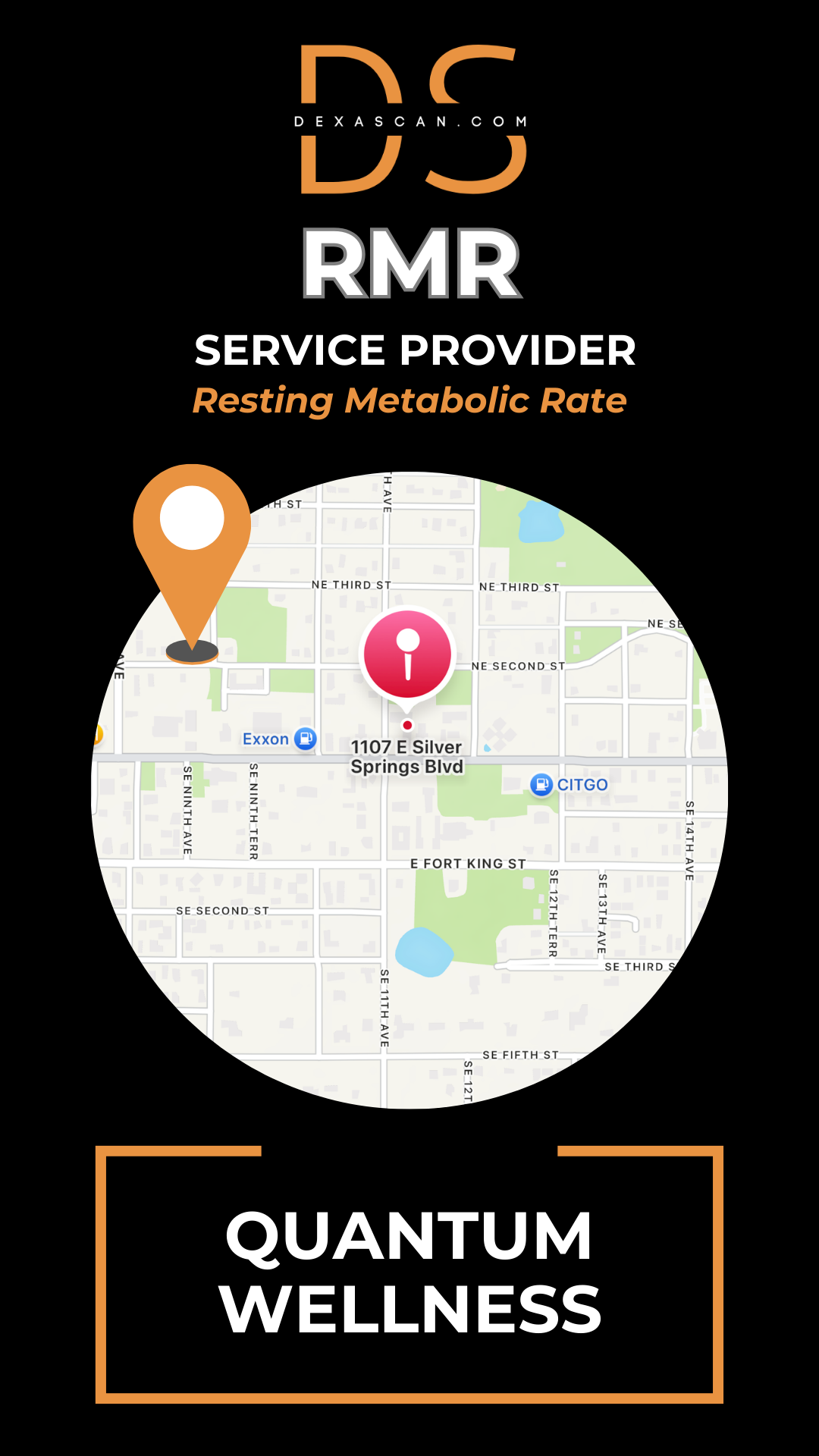 Map with a location marker and text about RMR service provider and Quantum Wellness on a black background.