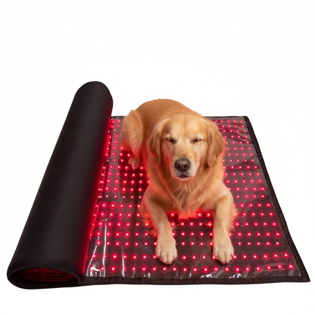 Dog lying on a heated mat with red LED lights