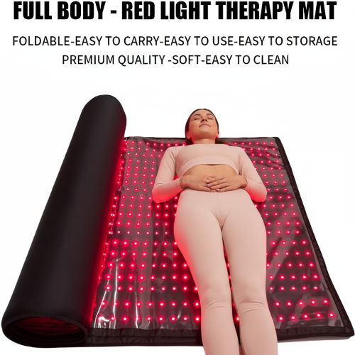 Person lying on a red light therapy mat with text highlighting features.