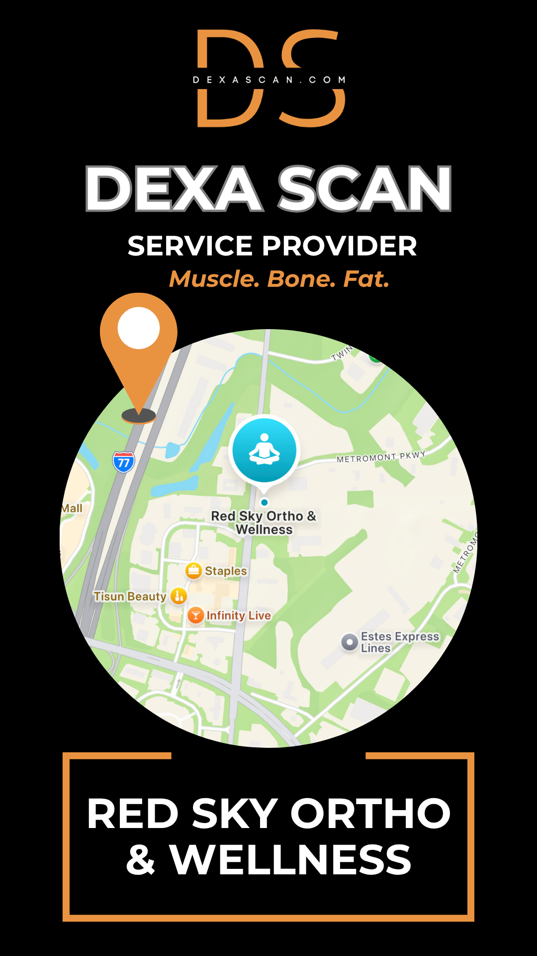 Map with location pin and text about DEXA Scan service provider at Red Sky Ortho & Wellness