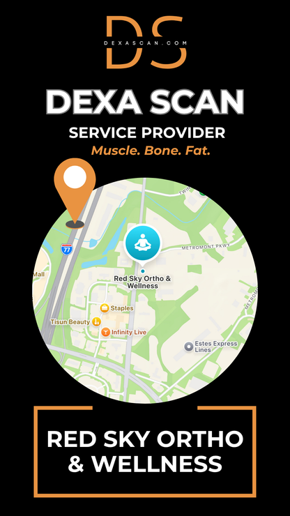 Map with location pin and text about DEXA Scan service provider at Red Sky Ortho & Wellness