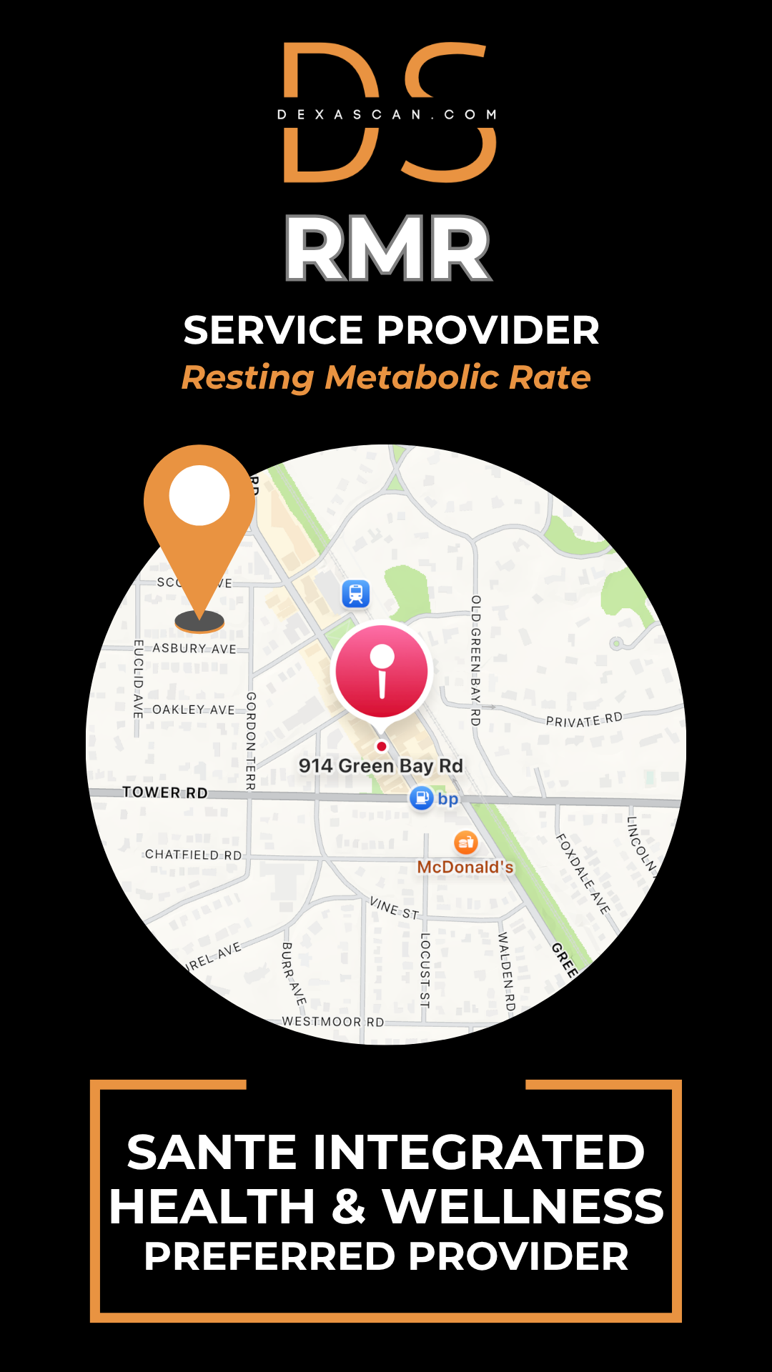 Map with location markers on a black background featuring 'DS RMR' branding.