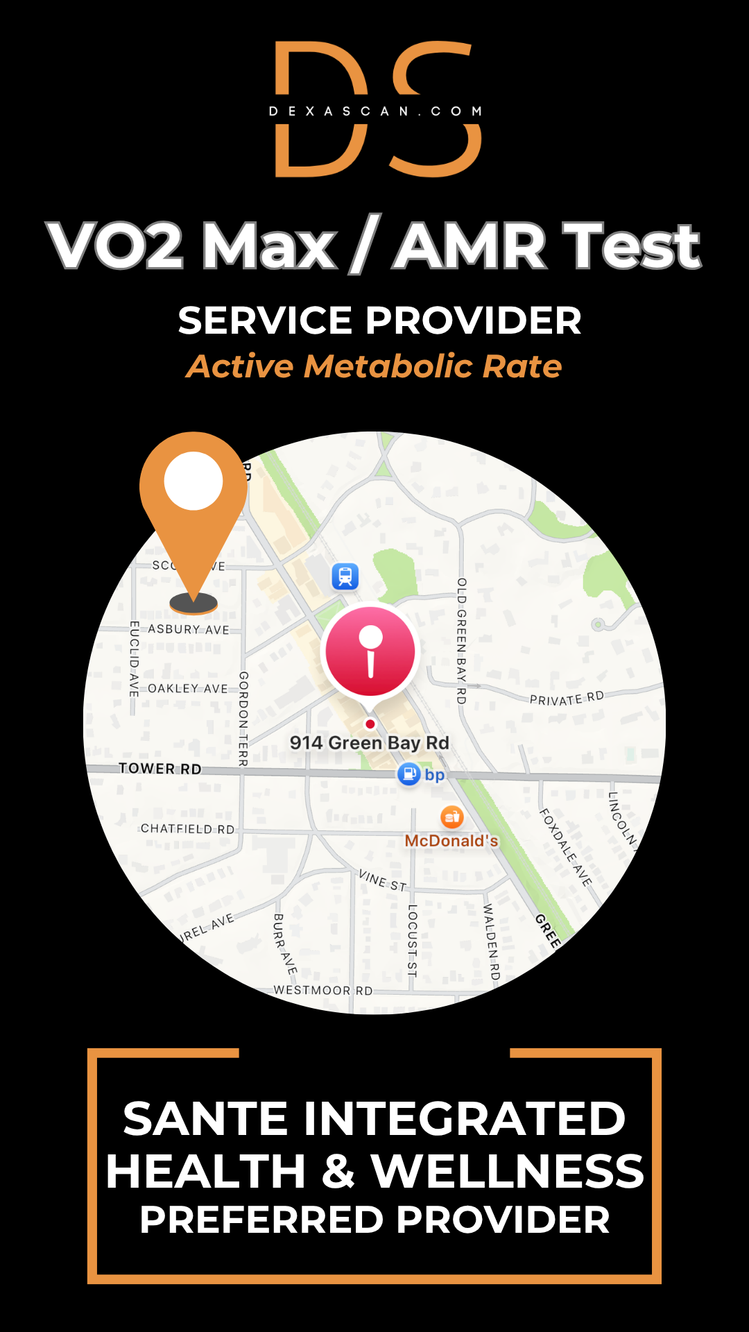 Map with location markers on a black background, featuring text about VO2 Max/AMR test service provider and Sante Integrated Health & Wellness.
