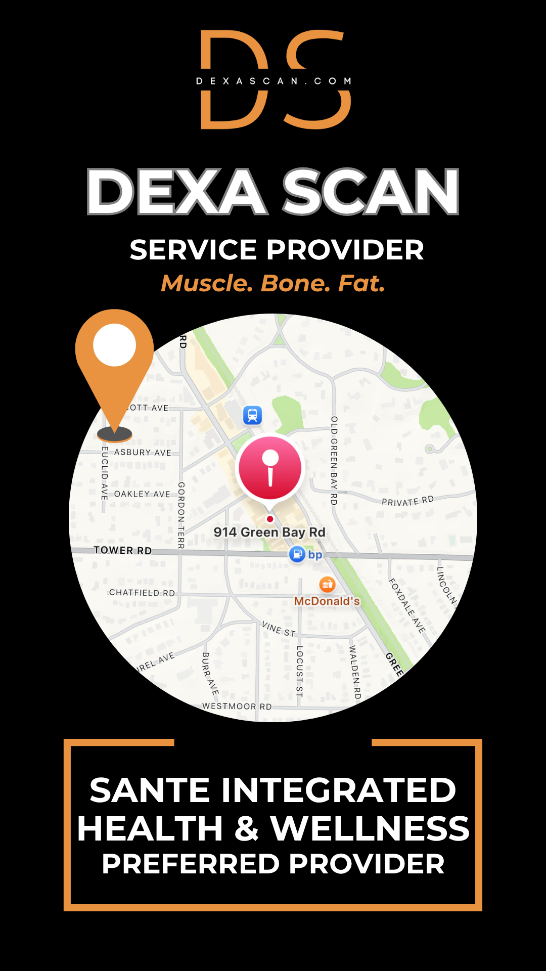 Dexa Scan service provider advertisement with map and branding elements on a black background