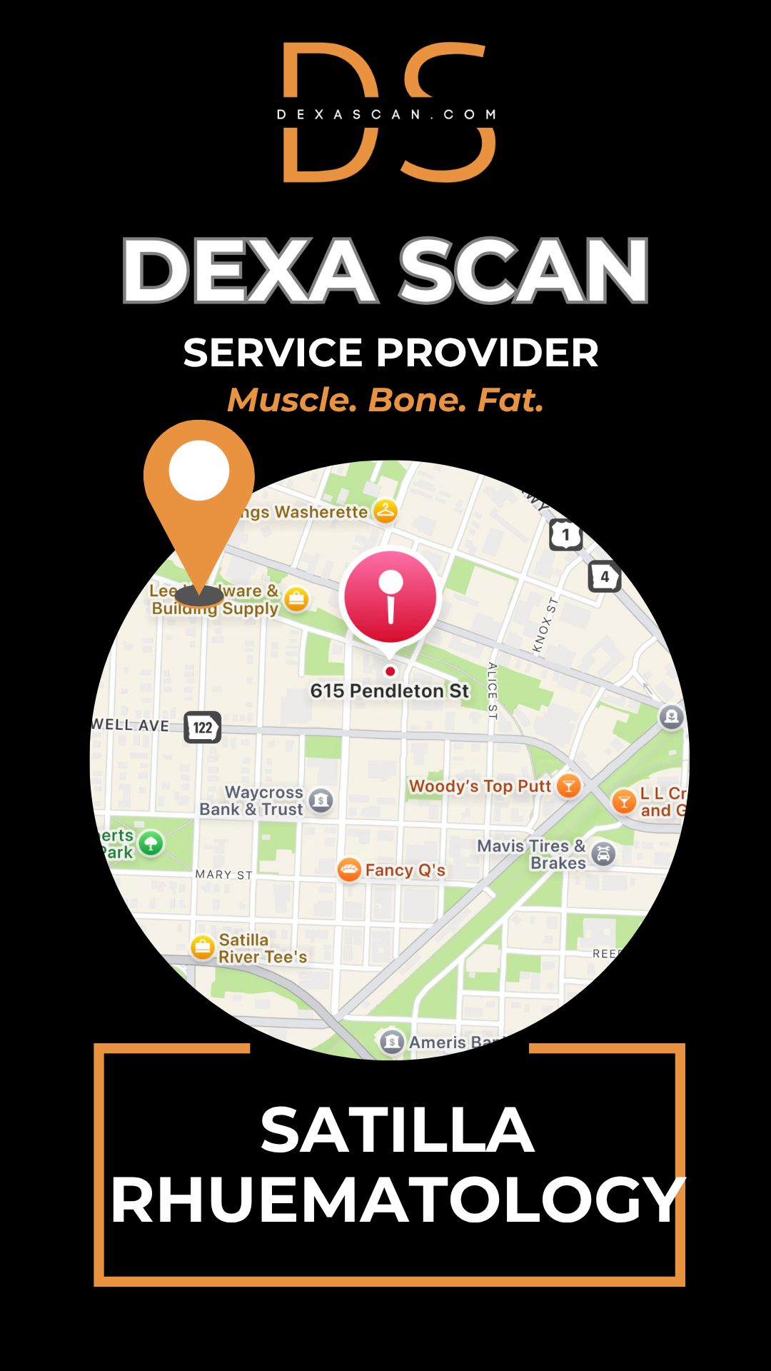 DEXA Scan service provider with map and branding elements on a black background