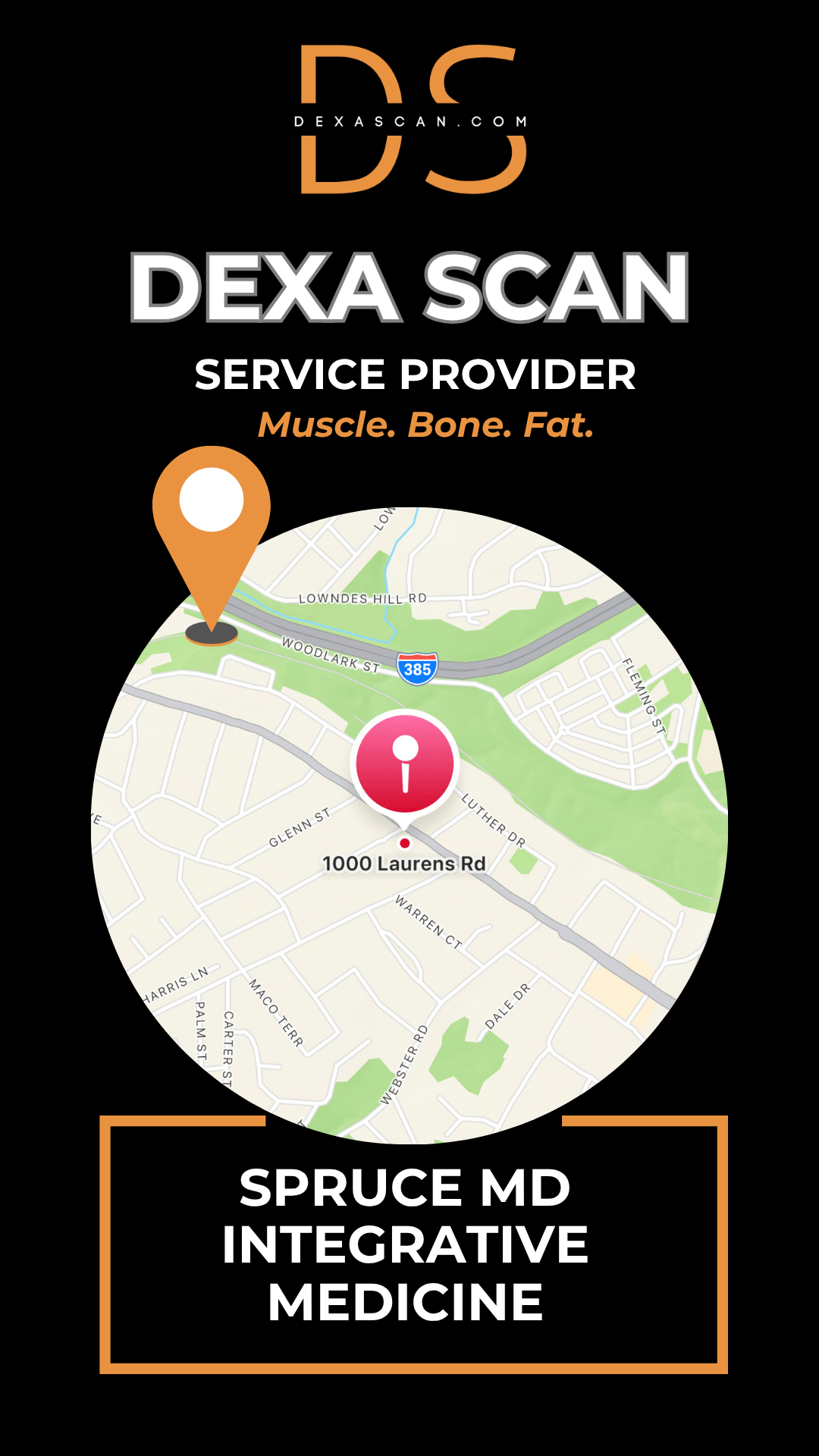 Dexa Scan service provider advertisement with map and branding elements on a black background