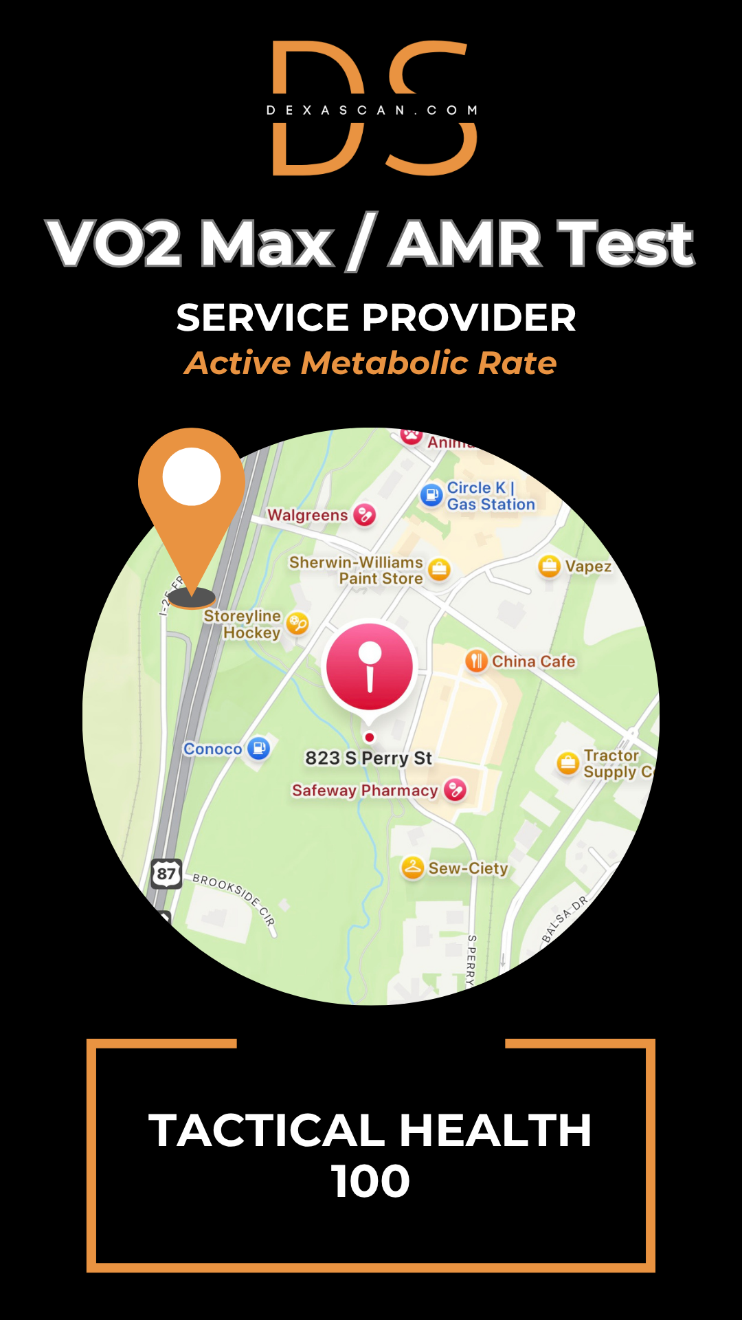 Map with location pin and text about VO2 Max/AMR Test service provider on a black background