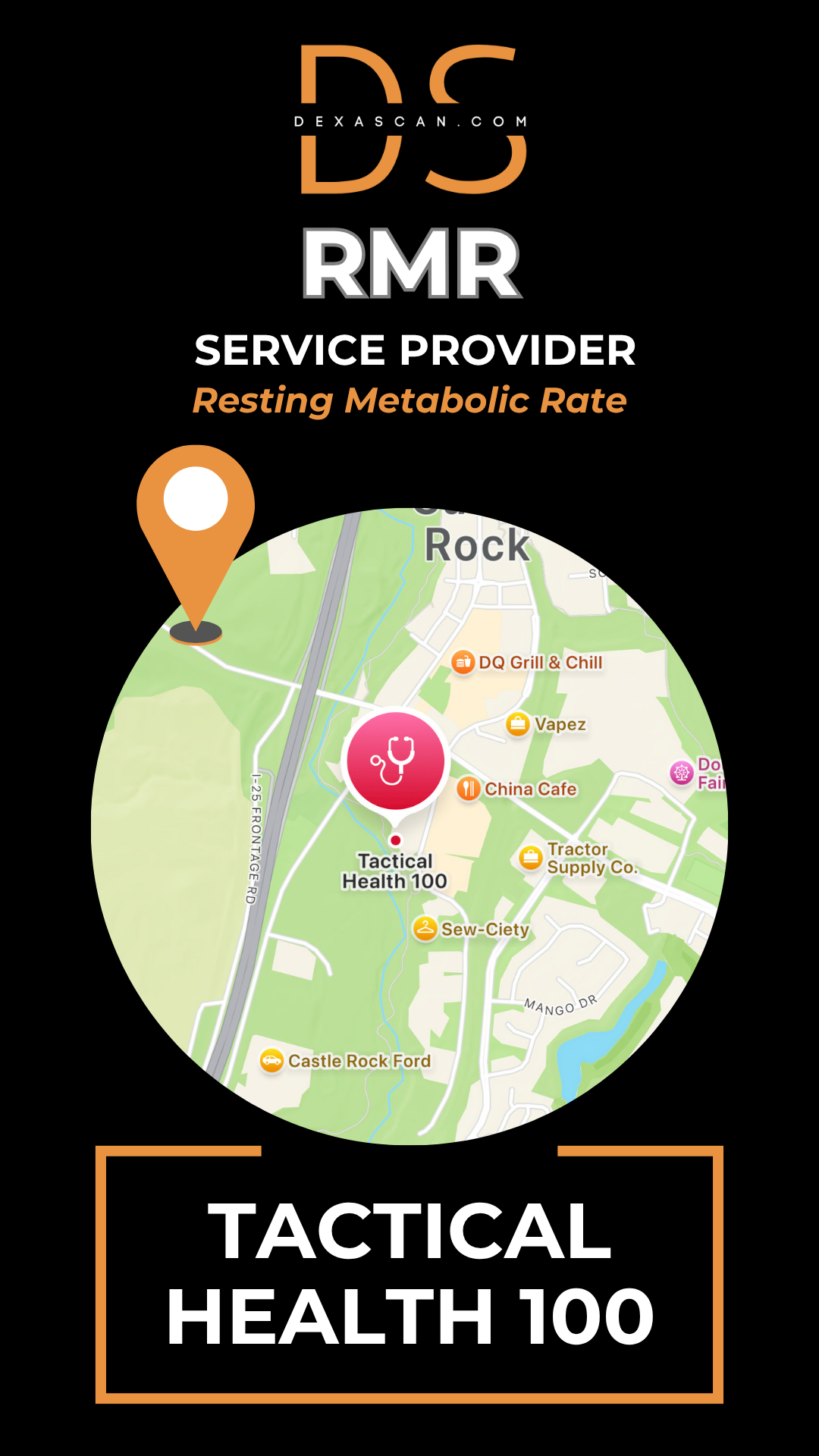 Map with a location marker and text about RMR service provider and Tactical Health 100 on a black background.