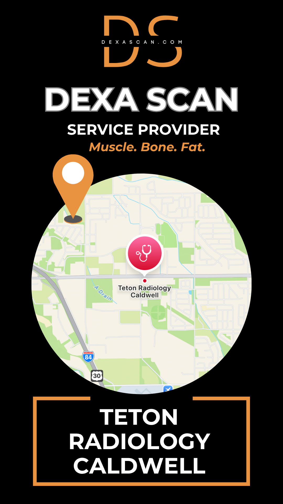 Dexa Scan service provider advertisement with map and location details on a black background