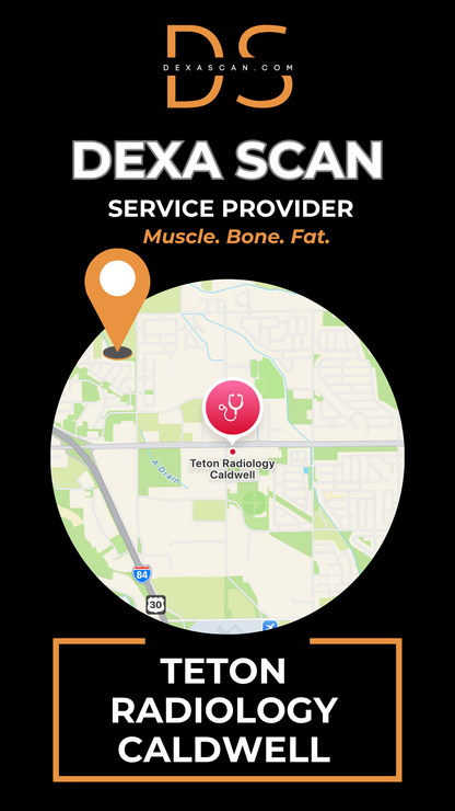 Dexa Scan service provider advertisement with map and location details on a black background