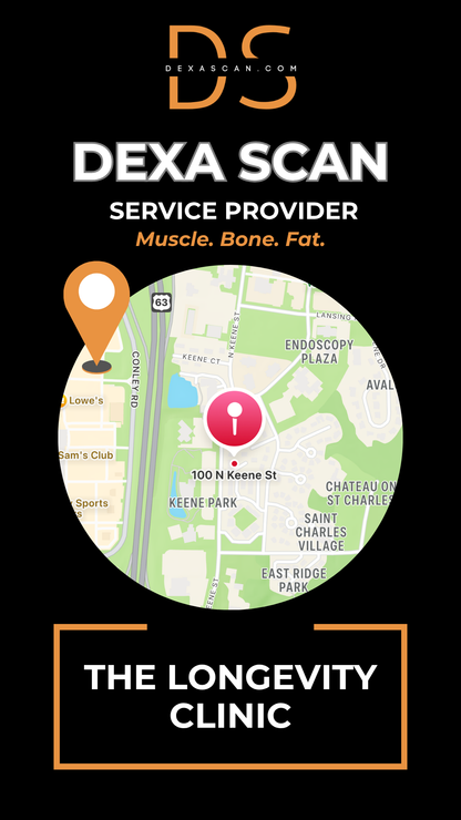 Advertisement for DEXA Scan service provider at The Longevity Clinic with map and branding.