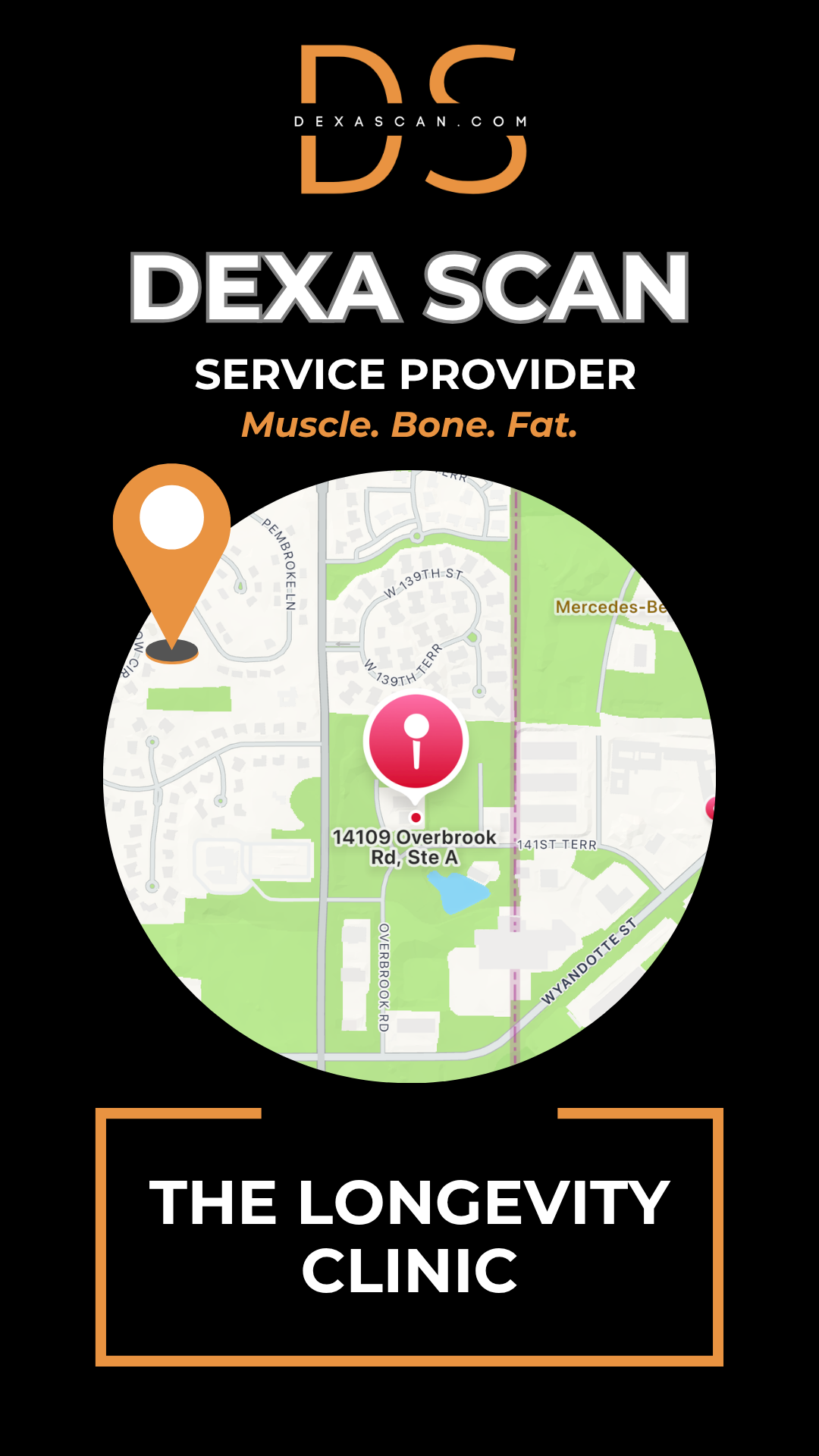 Advertisement for DEXA Scan service provider at The Longevity Clinic with map and contact information.