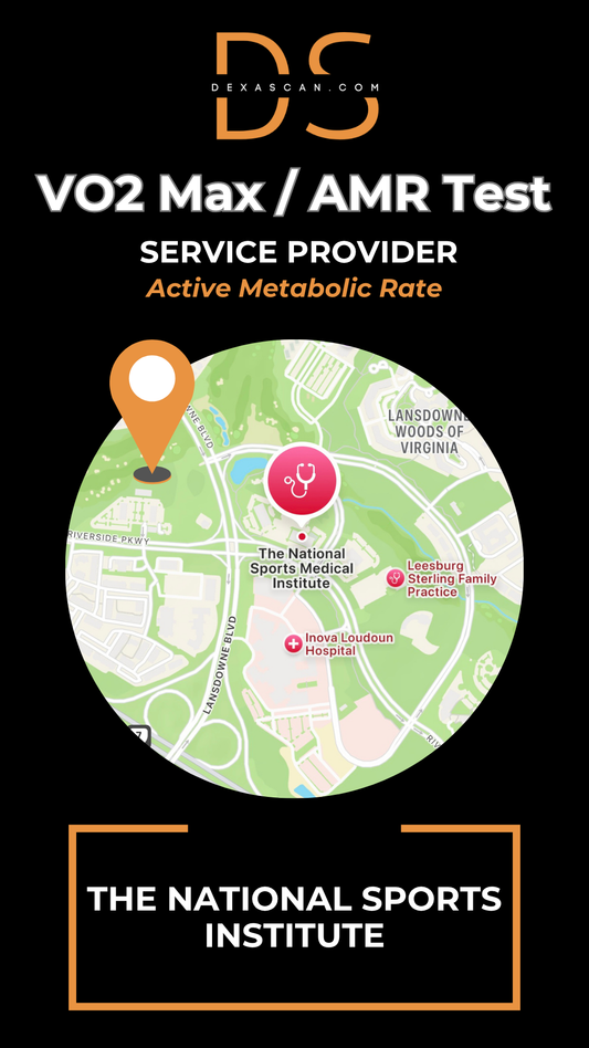 dexascan.com VO2 Max Active Metabolic Rate service provider The National Sports Institute with location map and pin