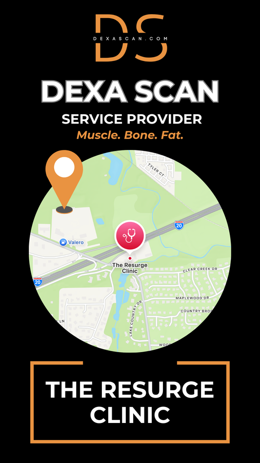 Advertisement for DEXA Scan service at The Resurge Clinic with a map and location pin.