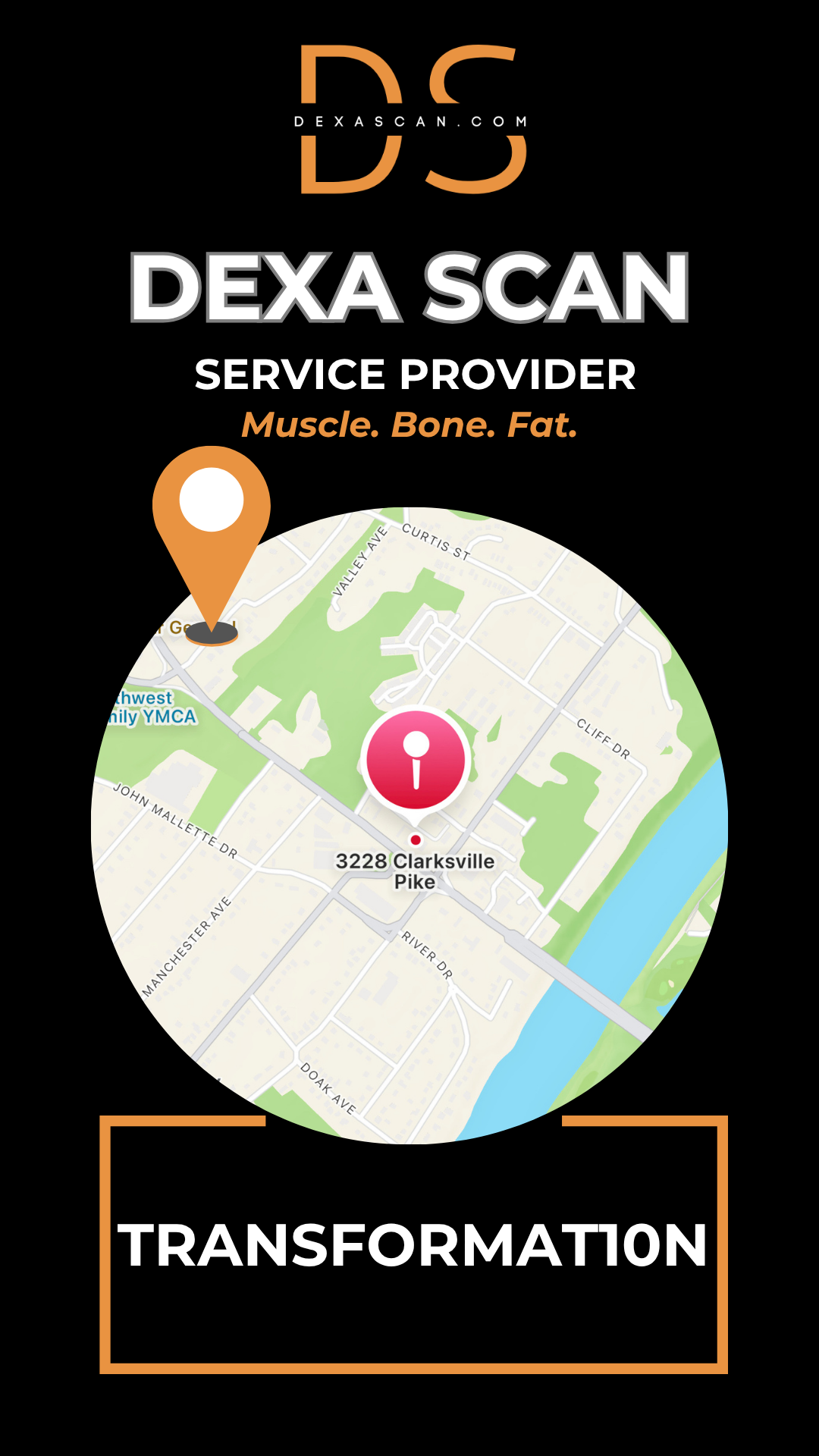 Dexa Scan service provider advertisement with map and location details on a black background
