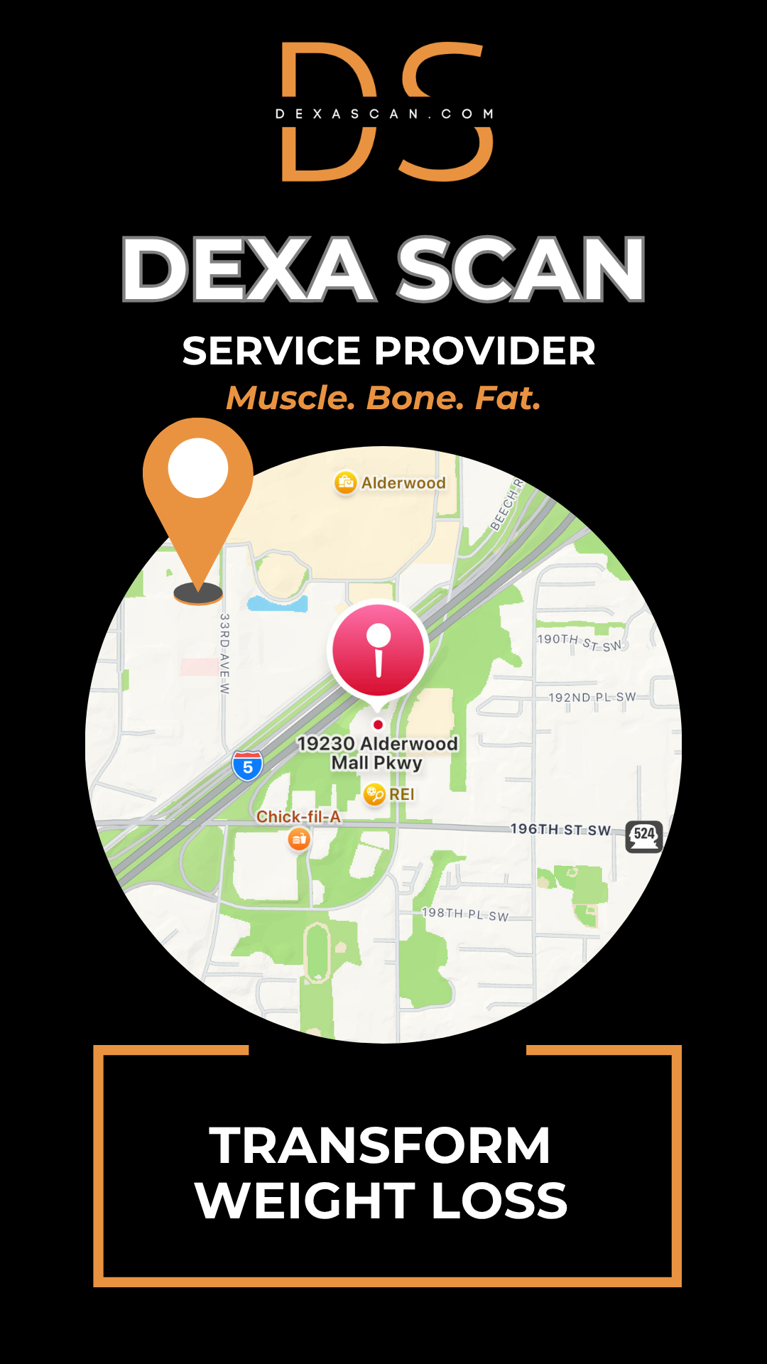 Dexa Scan service provider advertisement with map and location pin on a black background