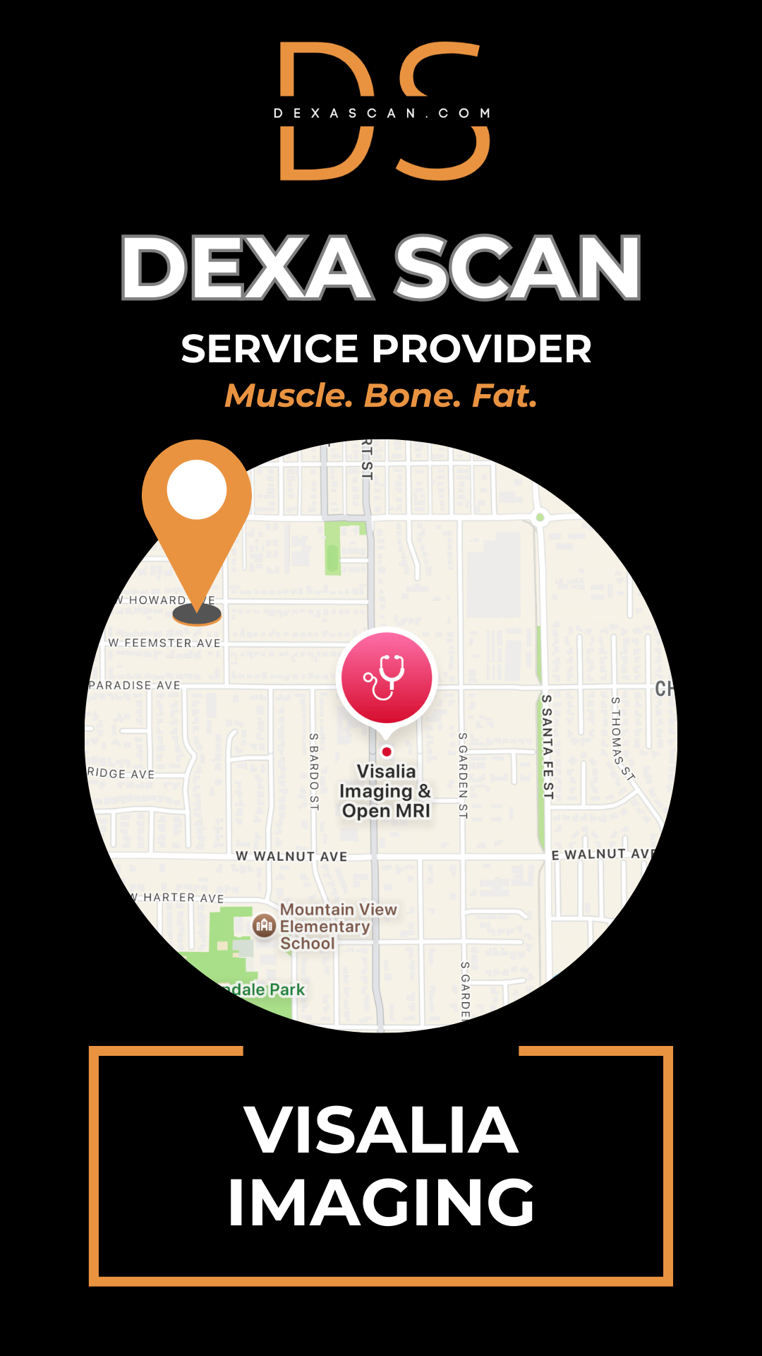 Dexa Scan service provider advertisement with map and branding elements on a black background