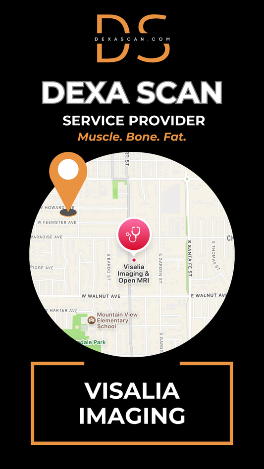 Dexa Scan service provider advertisement with map and branding elements on a black background