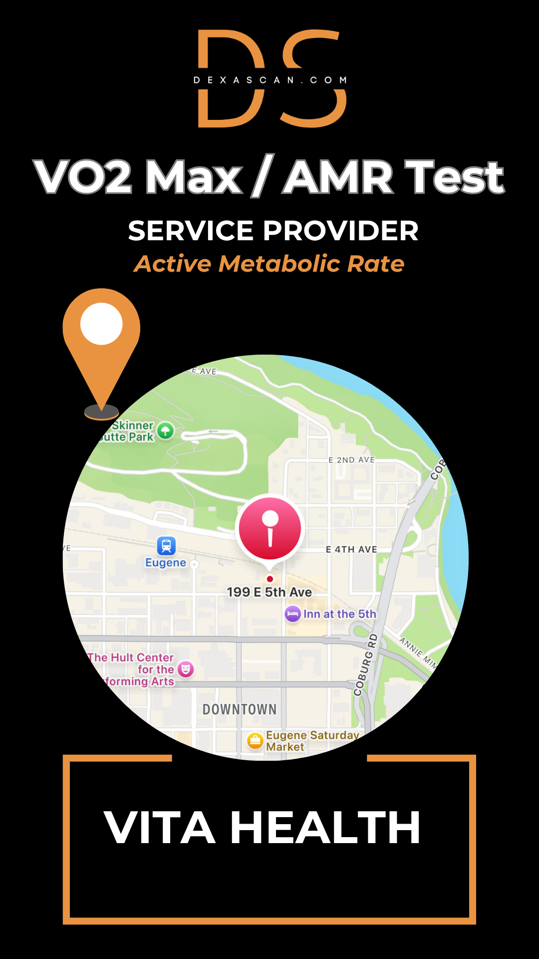 dexascan.com VO2 Max Active Metabolic Rate service provider Vita Health with location map and pin