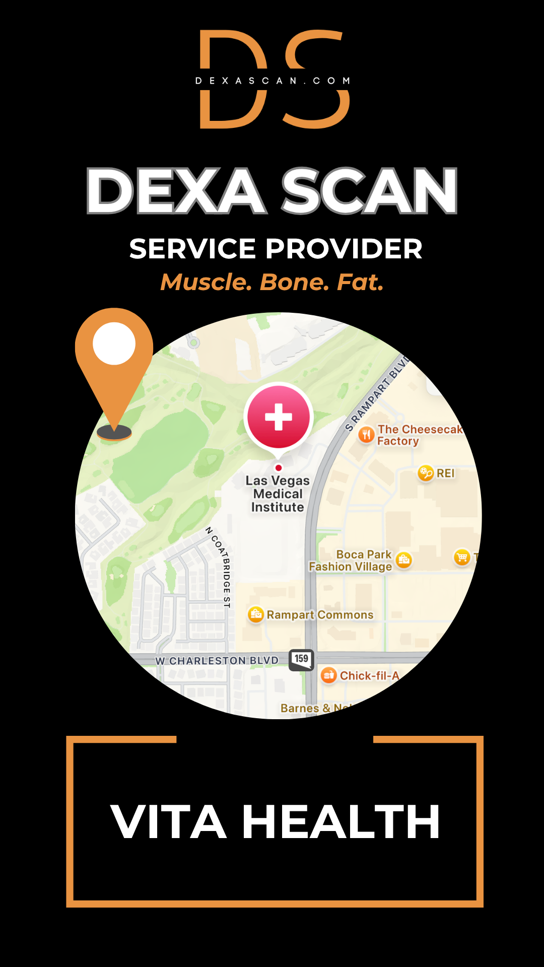 dexascan.com DEXA Scan service provider Vita Health with location map and pin