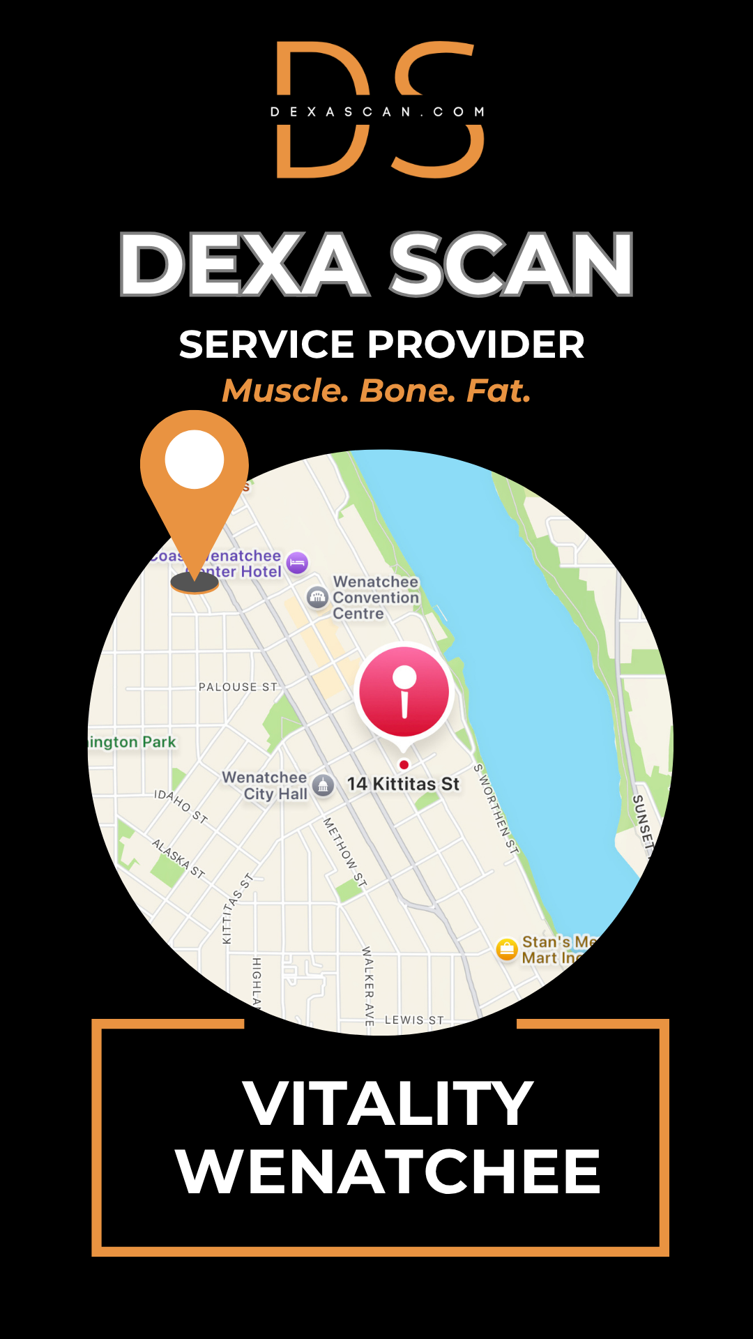 Dexa Scan service provider advertisement with map and branding elements on a black background