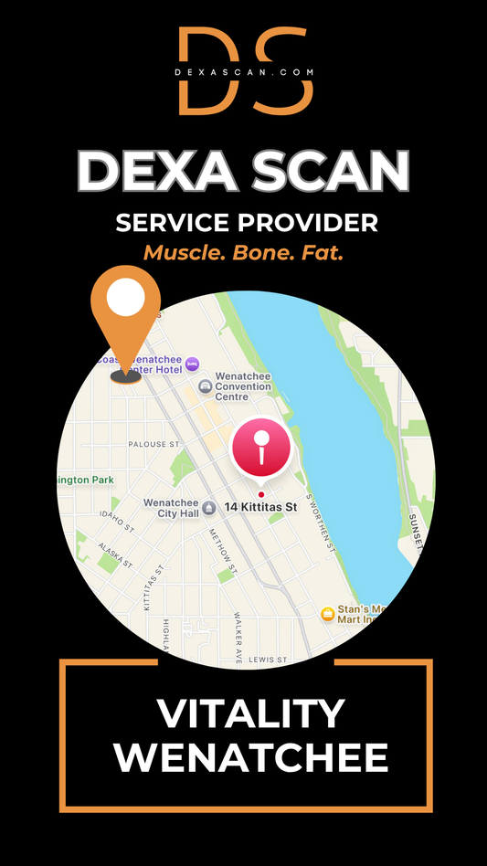 Dexa Scan service provider advertisement with map and branding elements on a black background