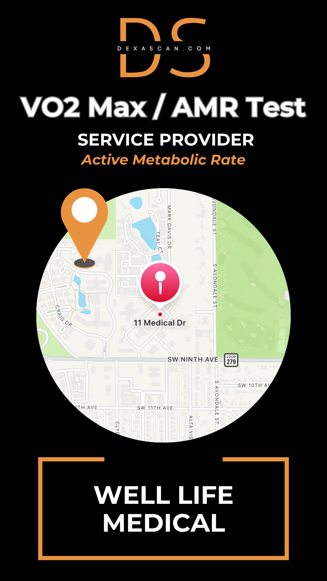 dexascan.com VO2 Max Active Metabolic Rate service provider Well Life Medical with location map and pin