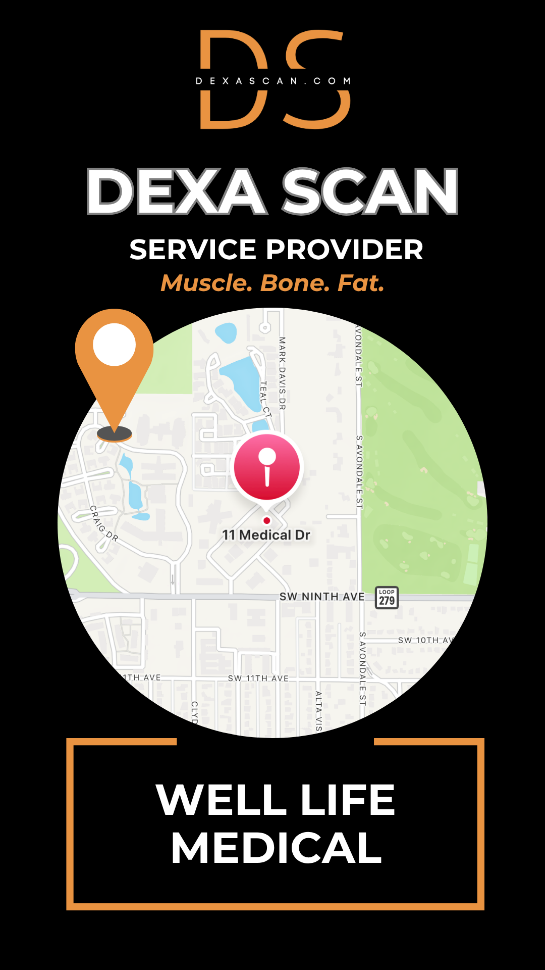 dexascan.com DEXA Scan service provider Well Life Medical with location map and pin