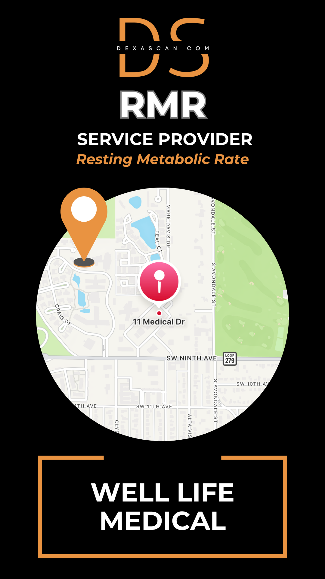 dexascan.com resting metabolic rate service provider Well Life Medical with location map and pin
