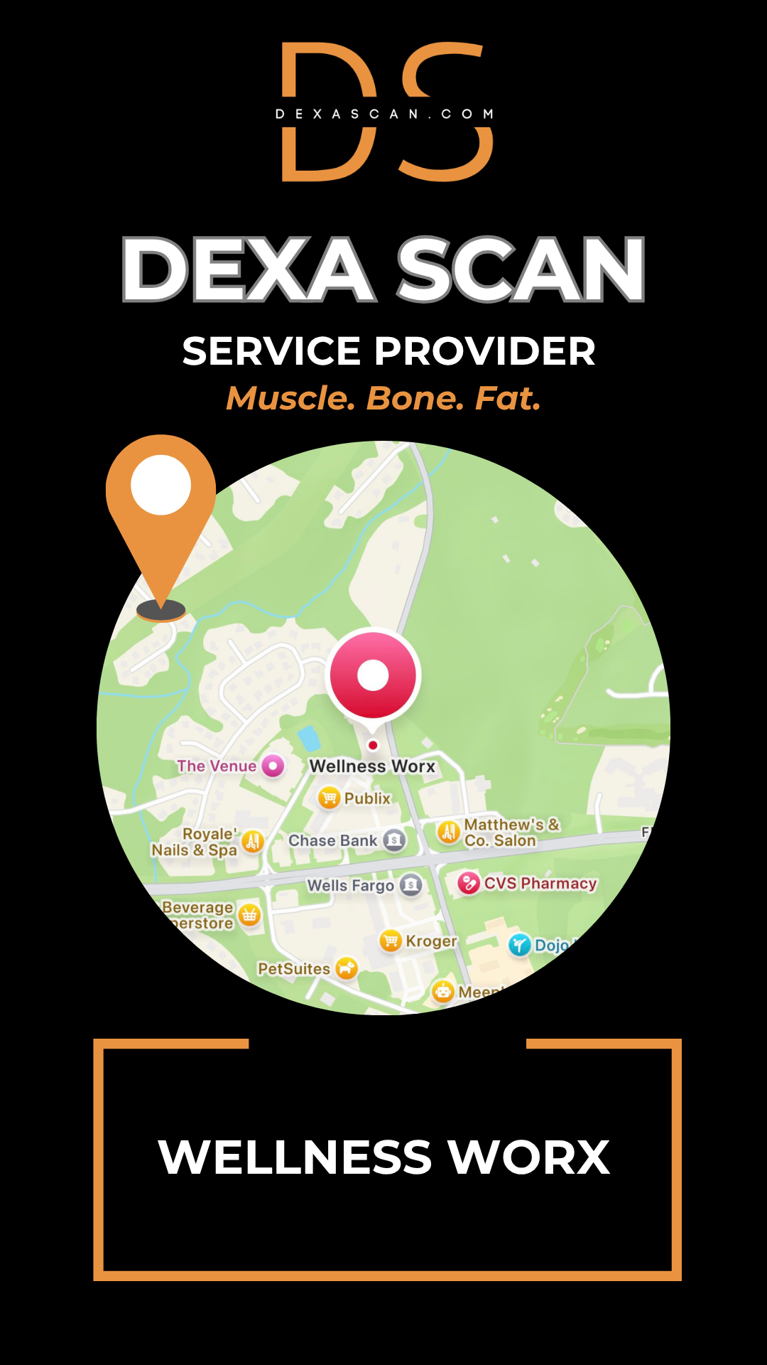 dexascan.com DEXA Scan service provider Wellness Worx with location map and pin