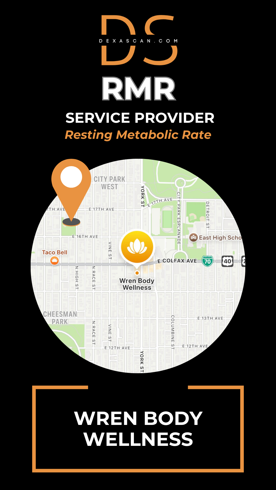 Map of a neighborhood with Wren Body Wellness marked, branded with 'DS' and 'RMR'.