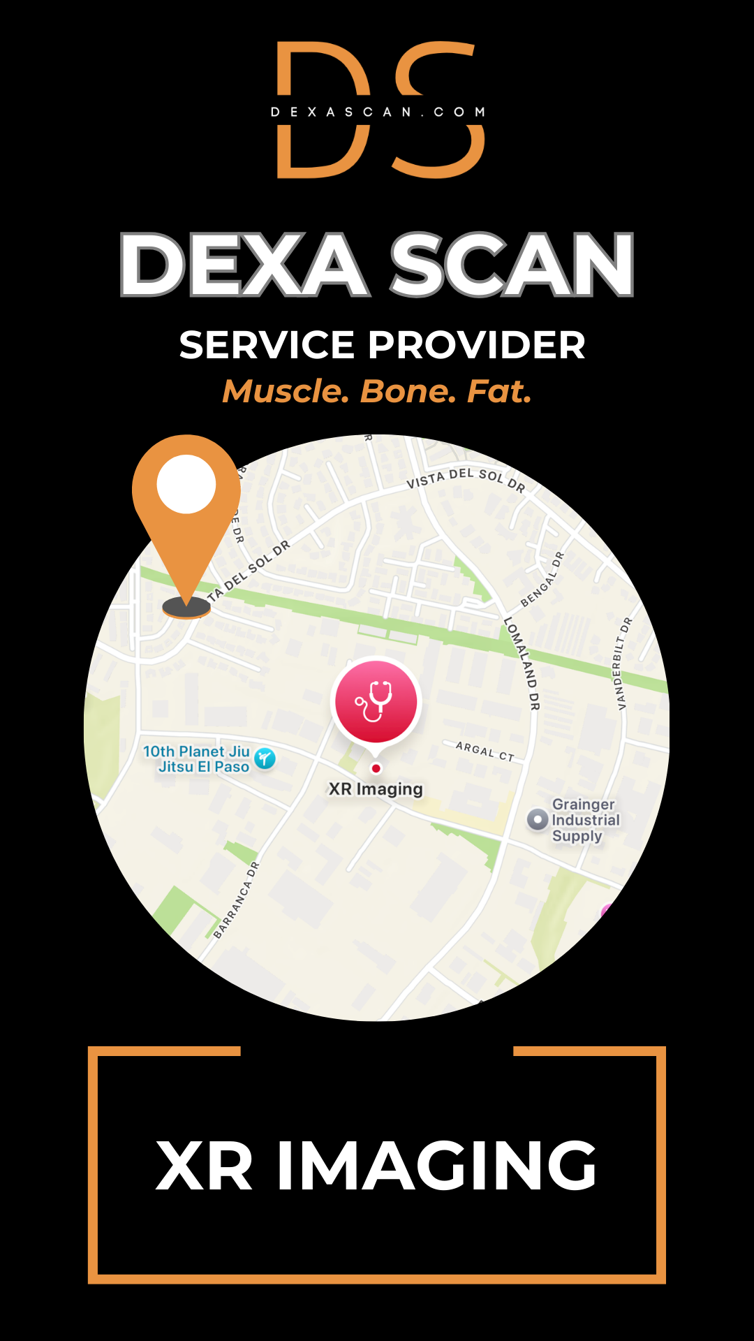 Dexa Scan service provider advertisement with map and branding elements on a black background