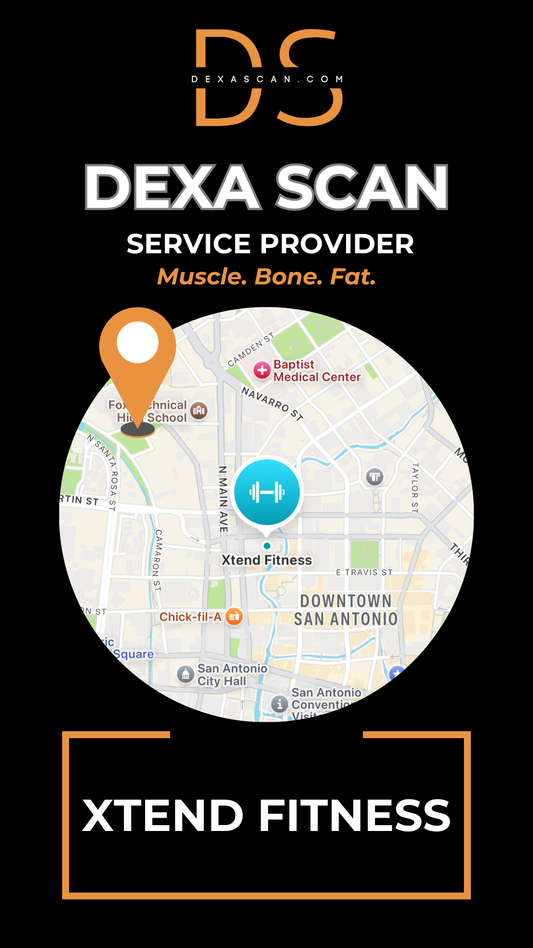 Map of downtown San Antonio with a DEXA Scan service provider logo and 'XTEND FITNESS' branding.