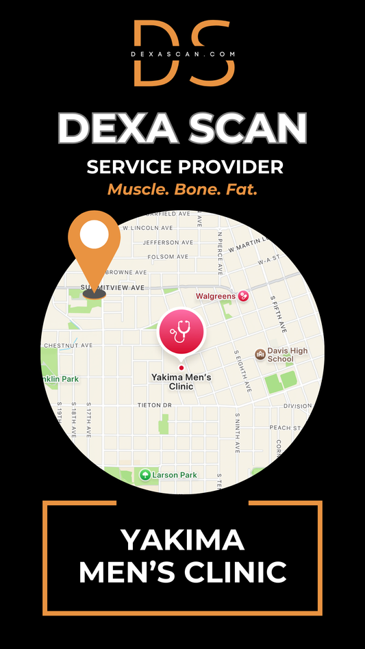 Advertisement for DEXA Scan service provider at Yakima Men's Clinic with a map and location pin.